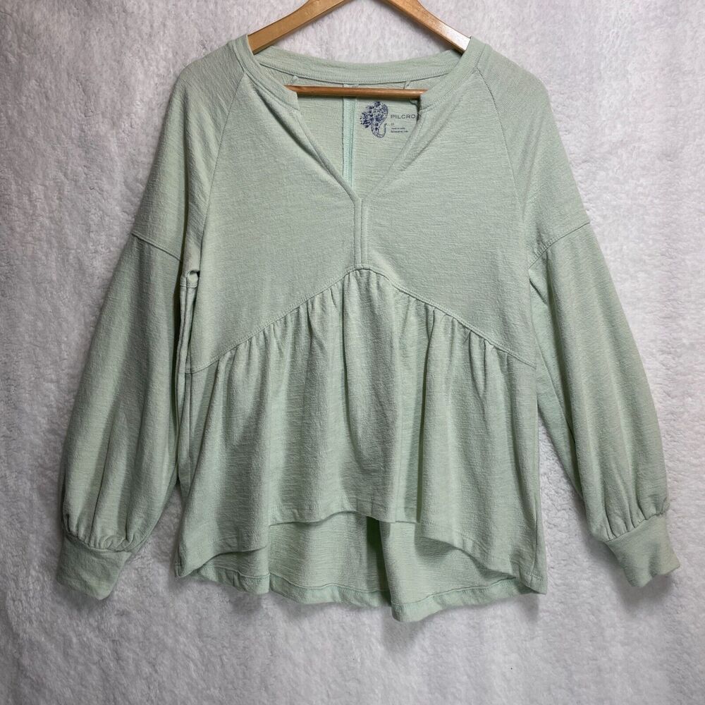 Pilcro Anthropologie Long Sleeve Babydoll Top Size XS Mint Blue V Neck Peplum